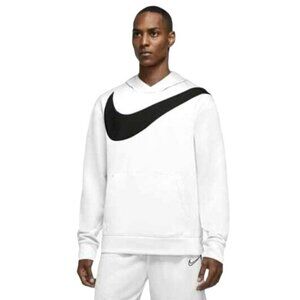 Nike‎ Mens White With Black Swoosh Dri Fit Athletic Pullover Hoodie Sweatshirt S